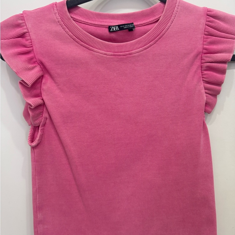 Zara Pink Ruffle Sleeve Short Sleeve Tee